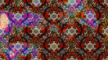 Moda baskıları için zarif bir şablon. Halk tarzı. Modern çiçek arkaplanı. Parlak renkli çiçekleri ve kahverengi, kırmızı ve bej renkli yaprakları olan muhteşem bir çiçek deseni..