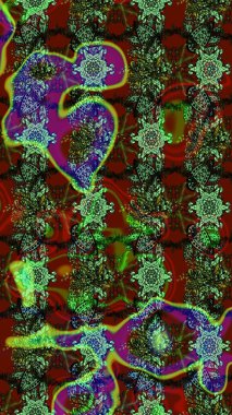 Patlayan çiçekler soyut olarak yerleştirilmiş. Raster illüstrasyonu. Raster deseni. Yeşil, kırmızı ve kahverengi renklerde bahar çiçekleri..