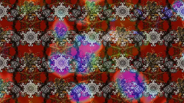 Yaz çiçekleri teması. Klasik çiçekler. Kahverengi, gri ve kırmızı renkler. Suluboya resim taklit Raster çizimi. El çizimi soyut süslü elementler.