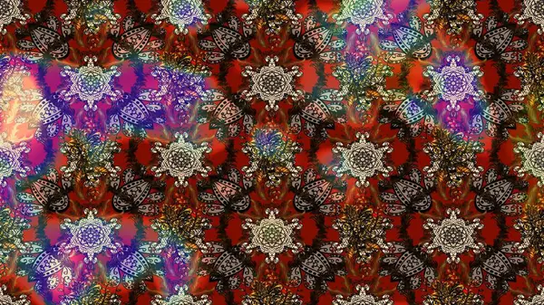 Moda baskıları için zarif bir şablon. Halk tarzı. Modern çiçek arkaplanı. Parlak renkli çiçekleri ve kahverengi, kırmızı ve bej renkli yaprakları olan muhteşem bir çiçek deseni..