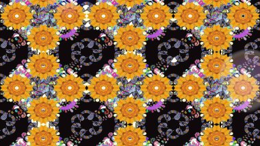 Çok renkli, zarif küçük çiçekler ve siyah renkli komik böcekler, raster desen, illüstrasyon..