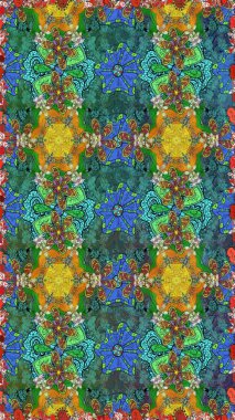 Çiçek tasarımı için inanılmaz bir kolaj cenneti tarzı. Parlak çiçekli kolaj çiçekleri yeşil ve mavi. Çiçekli zambaklar dikişsiz arkaplan.