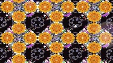 Çok renkli, zarif küçük çiçekler ve siyah renkli komik böcekler, raster desen, illüstrasyon..