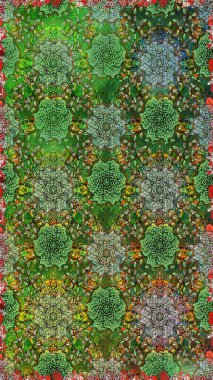 Raster illüstrasyonu. Kusursuz çiçek deseni. Asya tekstil tarzında. Raster illüstrasyonu. Yeşil ve kahverengi renkte çiçekler.