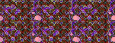 Modern çiçek arkaplanı. Moda baskıları için zarif bir şablon. Halk tarzı. Parlak renkli çiçekleri ve kahverengi, kırmızı ve yeşil renkli yaprakları olan harika bir çiçek deseni..