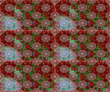 İşlemeli çiçekli, dikişsiz desen. Parmak izi, kumaş, duvar kâğıdı, tekstil için raster dokusu. Renkli grunge renkli çiçeklerle soyut arkaplanı zenginleştir.