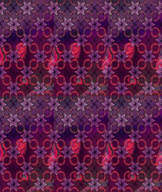 Asya tekstil tarzında. Çiçek desenli çizim. Raster illüstrasyonu. Mor renkli çiçekler. Raster illüstrasyonu.