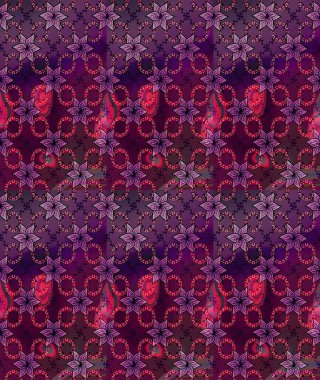 Asya tekstil tarzında. Çiçek desenli çizim. Raster illüstrasyonu. Mor renkli çiçekler. Raster illüstrasyonu.