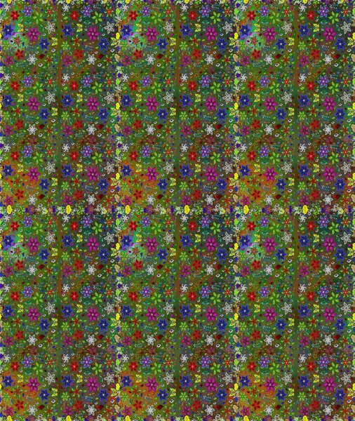 Raster illüstrasyonu. Kusursuz çiçek deseni. Yeşil ve kahverengi renkli Asyalı tekstil.