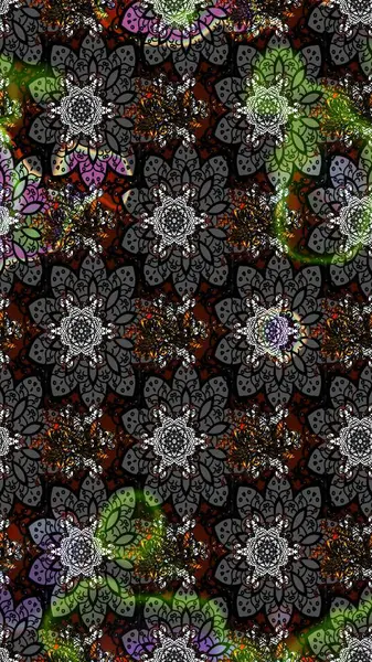 Modern çiçek arkaplanı. Halk tarzı. Moda baskıları için zarif bir şablon. Parlak renkli çiçekleri ve gri yaprakları olan muhteşem bir çiçek deseni..