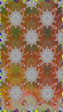 Raster Çiçek İllüstrasyonu 'nun şirin tekstili. Kahverengi ve gri renklerde etnik çiçeklerle kusursuz bir desen..