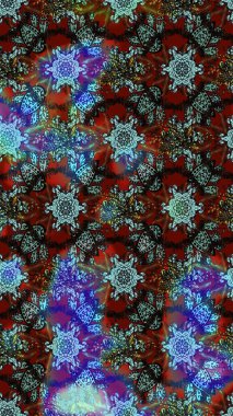 Modern çiçek arkaplanı. Halk tarzı. Parlak renkli çiçekleri ve mavi, kahverengi ve gri renkte yaprakları olan harika bir çiçek deseni. Moda baskıları için zarif bir şablon.