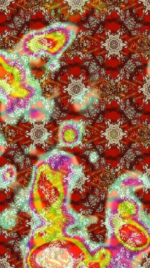 Çizim kalıbı. Çiçek duvar kağıdı. Raster illüstrasyonu. Hint süsü. Kahverengi, kırmızı ve bej renklerde. Renkli süs kenarı.