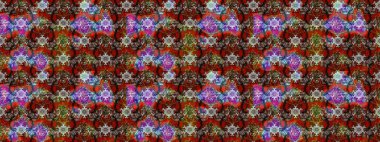 Raster illüstrasyonu. Raster deseni. Patlayan çiçekler soyut olarak yerleştirilmiş. Yumuşak, bahar çiçekleri kahverengi, kırmızı ve siyah renklerde.