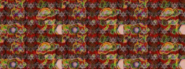 Suluboya elle çizilmiş çiçek desenli eskiz deseni. Parlak renkli fantezi çiçekleri, yapraklar, kahverengi, kırmızı ve nötr renklerde tomurcuklar kahverengi, kırmızı ve nötr.