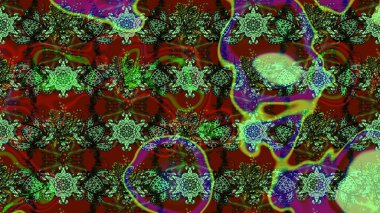 Çiçekli karalama şeklinde Raster çiçek deseni. Yeşil, kırmızı ve kahverengi renkte çiçekler. Nazik, sevimli çiçek arkaplanı..