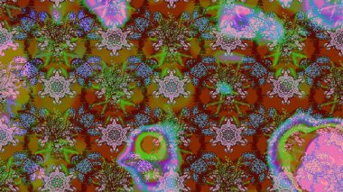 Raster düz çiçek çizim deseni. Hediye ambalaj kağıdı, tebrik kartları, posterler ve pankart tasarımı. Kahverengi, yeşil ve kırmızı renkte çiçekler.