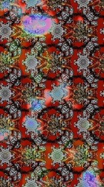 Gri, kahverengi ve kırmızı renkte etnik çiçeklerle süslenmiş zarif bir eskiz şekli. Asya Tekstil 'inde Raster Çiçek İllüstrasyonu.