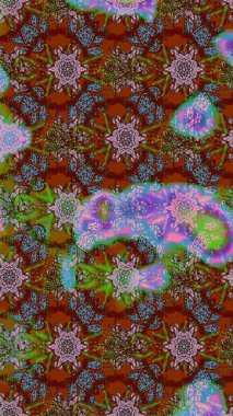 Raster illüstrasyonu. Raster deseni. Kahverengi, yeşil ve kırmızı renklerde bahar çiçekleri. Patlayan çiçekler soyut yerleştirilmiş.