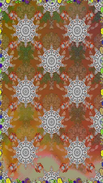 Raster Çiçek İllüstrasyonu 'nun şirin tekstili. Kahverengi ve gri renklerde etnik çiçeklerle kusursuz bir desen..