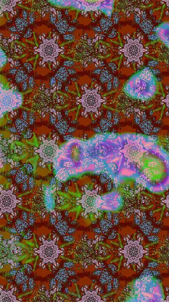 Raster illüstrasyonu. Raster deseni. Kahverengi, yeşil ve kırmızı renklerde bahar çiçekleri. Patlayan çiçekler soyut yerleştirilmiş.