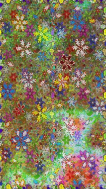 Sevimli çiçek raster deseni. Düz Çiçek Elementleri Tasarımı. Yeşil ve kahverengi renkli çiçekler. Renkli Bahar Teması Kusursuz Arkaplan.