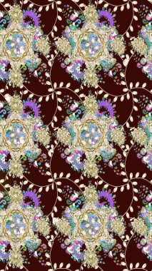 Çiçek deseni. Kahverengi renkli çiçekler. Raster illüstrasyonu. Kahverengi renkte çiçek eskizi. Şatafatlı bahar bahçesi dokusu.