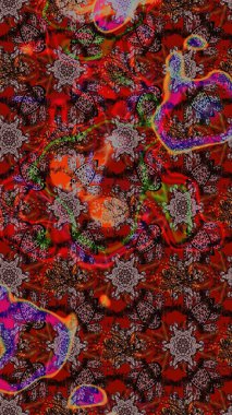 Renkli desenli eskiz deseni, kahverengi, kırmızı ve siyah çiçekler ve dekoratif elementler. Kumaş, tekstil, duvar kağıdı baskısı için. Raster illüstrasyonu. Eski usul. Taslak arkaplan.