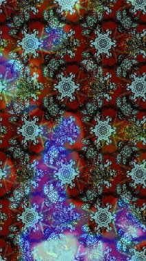 Çiçeksel elementlerle süslenmiş zarif raster dokusu. Küçük çiçekte hoş bir çiçek deseni var. Parlak çiçekli mavi, kahverengi ve kırmızı renkler üzerine soyut çizim deseni.