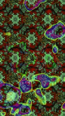 Suluboya elle çizilmiş çiçek desenli eskiz deseni. Parlak renkli fantezi çiçekleri, yapraklar, yeşil, kahverengi ve kırmızı renkli tomurcuklar yeşil, kahverengi ve kırmızı.