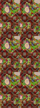 Üzerinde gelincikler ve vadi zambakları olan renkli çiçek desenli nakış deseni. Tekstil tasarımı için geleneksel Raster çiçek buketi kahverengi, kırmızı ve yeşil renkler.