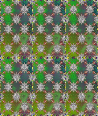 Renkli grunge, koyu yeşil ve gri çiçeklerle soyut bir arka plan oluşturur. Parmak izi, kumaş, duvar kâğıdı, tekstil için raster dokusu. İşlemeli çiçek desenli..