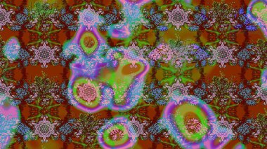 Çiçek ve yapraklı karalama şeklinde Raster çiçek deseni. Kahverengi, yeşil ve mavi renklerde bahar çiçekleri. Raster illüstrasyonu.