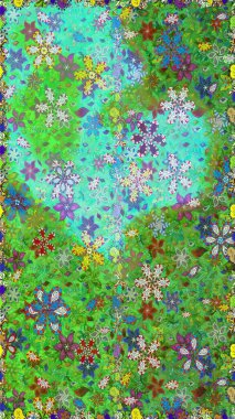 Renkli Yaz Temalı Kusursuz Arkaplan. Yeşil ve mavi renkte çiçekler. Sevimli çiçek raster deseni. Düz Çiçek Elementleri Tasarımı.