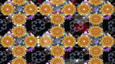 Raster illüstrasyonundaki çiçek desenli çizim. Düz Çiçek Elementleri Tasarımı. Siyah renkli çiçekler. Renkli Bahar Teması çizim şablonu.