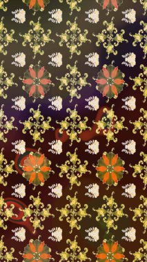 Çiçek desenli çizim. Raster illüstrasyonu. Kahverengi ve yeşil renkli çiçekler. Asya tekstil tarzında. Raster illüstrasyonu.