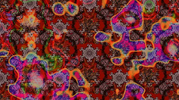 Elle çizilmiş çiçek desenli Raster çizimi. Çocuksu tasarım. Tekstil, kumaş, ambalaj, hatıra defteri için hoş bir çiçek arkaplanı. Kahverengi, kırmızı ve siyah arkaplanda.