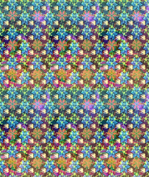 Elle boyanmış suluboya resim çizimleri, çiçekler ve bitkiler. Mavi ve yeşil renkte çiçekler.