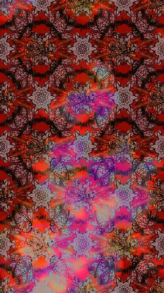 Kahverengi, kırmızı ve pembe renkte etnik çiçeklerle süslenmiş zarif bir eskiz deseni. Raster Çiçek İllüstrasyon Şirin Tekstil.