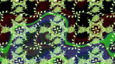 Yeşil renkli bitkilerden oluşan parlak çiçekli çizim deseni.