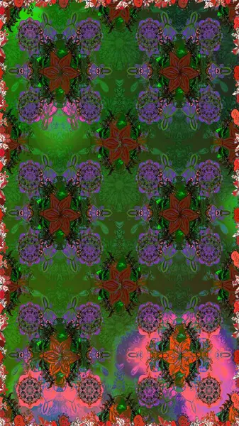 Çiçek yeşili ve kahverengi desenli. Raster çiçek izi. Klasik taslak çizimi.