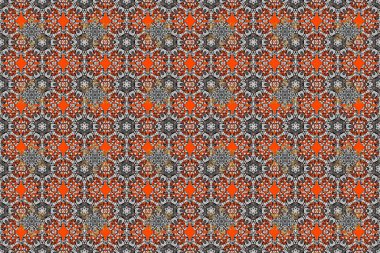 Raster düz çiçekleri pürüzsüz desen. Gri, kahverengi ve turuncu renkli çiçekler. Tasarım hediye paketi, tebrik kartları, posterler ve afiş tasarımı.