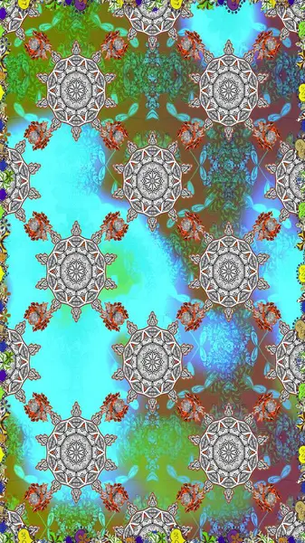 Raster illüstrasyonu. Kumaş, tekstil, duvar kağıdı baskısı için. Kusursuz bir geçmişi var. Eski usul. Miles Fleur, süslü püslü bir süs. Tomurcukları papatya çiçekleri olan sevimli bir çiçek deseni..