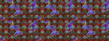 Raster illüstrasyonundaki çiçek desenli çizim. Kırmızı, kahverengi ve mavi renkte çiçekler.