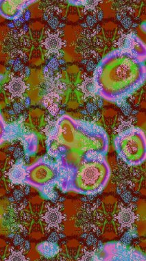 Çiçek ve yapraklı karalama şeklinde Raster çiçek deseni. Raster illüstrasyonu. Kahverengi, yeşil ve mavi renklerde bahar çiçekleri..