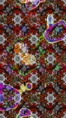 Hint süsü. Renkli süs kenarı. Gri, kahverengi ve kırmızı renklerde. Çiçek duvar kağıdı. Raster illüstrasyonu. Çizim deseni.