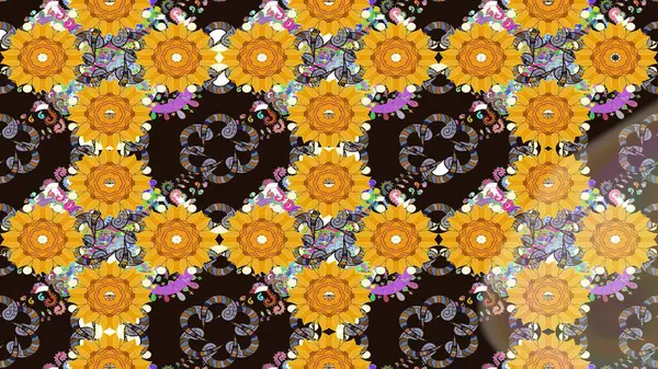 Sarı renkli vadi çiçekleri. Çiçekler. Soyut etnik raster çizim kalıbı.