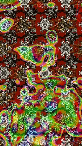 Şirin çiçekli, desenli, kahverengi, yeşil ve kırmızı renkli bir eskiz deseni. Tekstil için suluboya eskiz deseni. El çizimi çiçek çizimi deseni (fayans)).