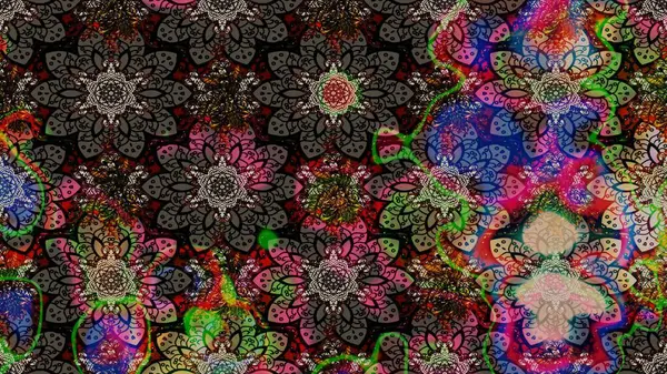 Halk tarzı. Parlak renkli çiçekli ve siyah yapraklı harika bir çiçek deseni. Moda baskıları için zarif bir şablon. Modern çiçek arkaplanı.