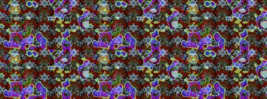 Raster illüstrasyonundaki çiçek desenli çizim. Suluboya tarzında kırmızı, kahverengi ve mavi renkte çiçekler.